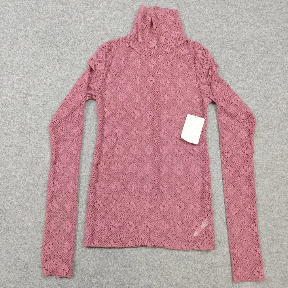 Free People Blouse Womens XS Pink Lace Turtleneck Long Sleeve Sheer Top New